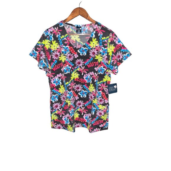 Zoe + Chloe Womens Floral & Woof Print Scrub Top M - Picture 1 of 6